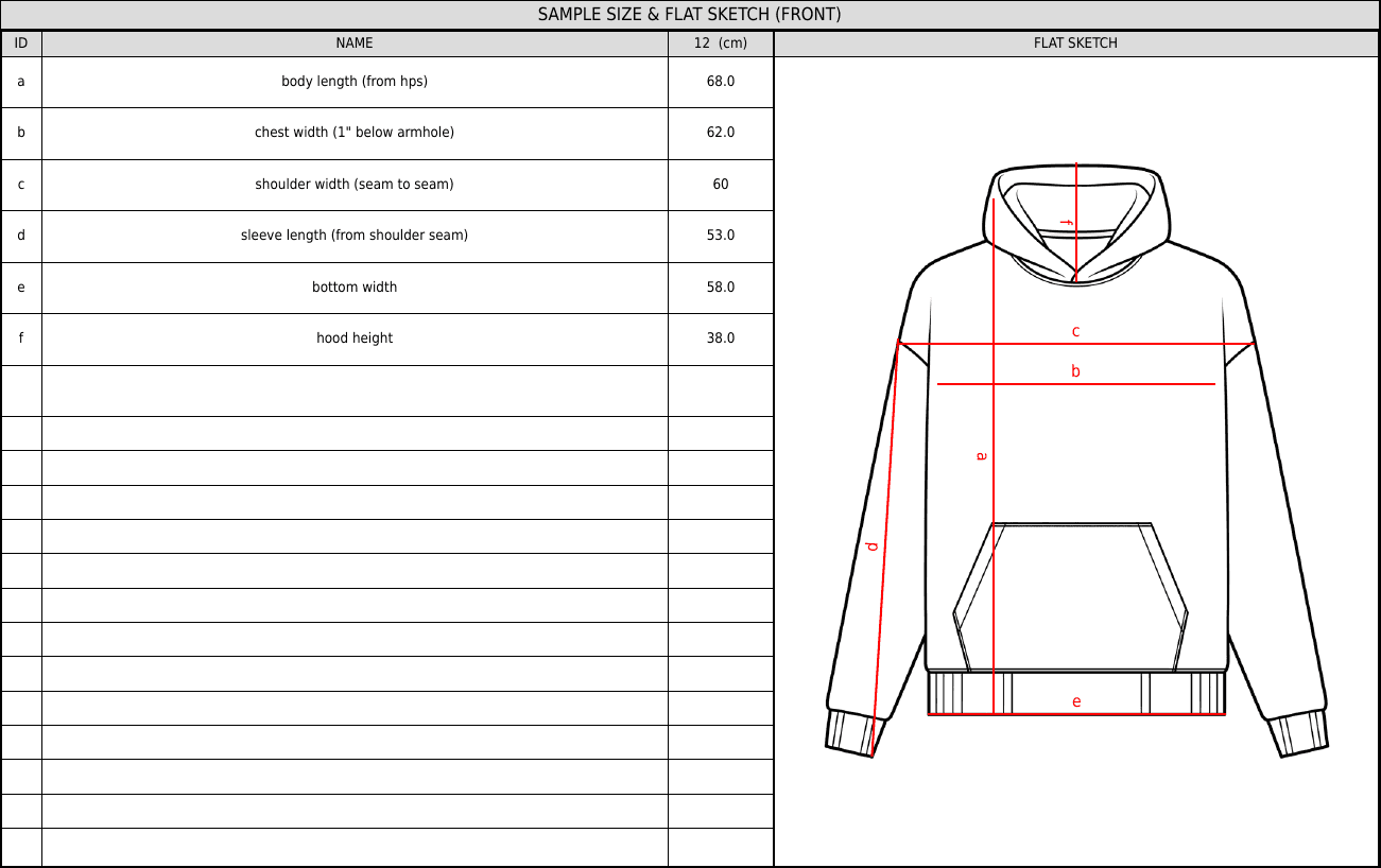 Generated tech pack PDF draft showing a sample-size measurement table and clean front hoodie flat sketch