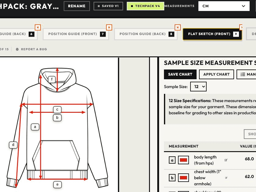 AI Tech Packs editor showing clean hoodie measurement lines beside the editable sample-size chart