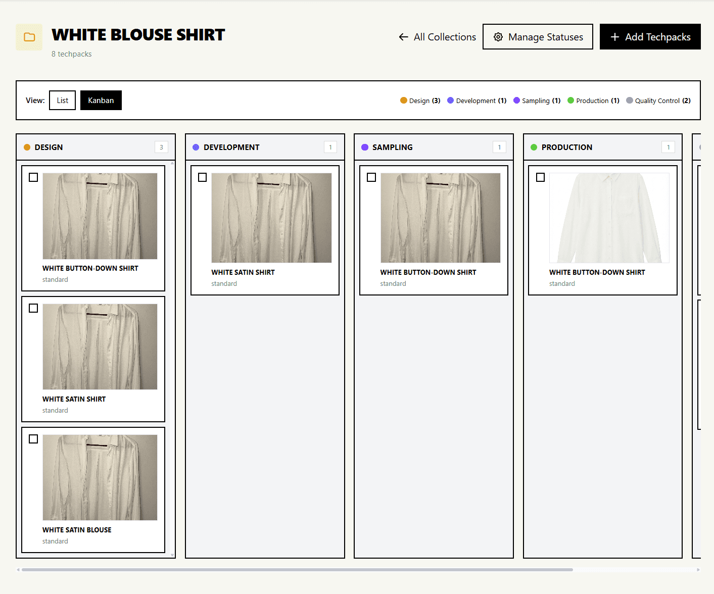 AI Tech Packs collection workspace showing garment styles organized by production status