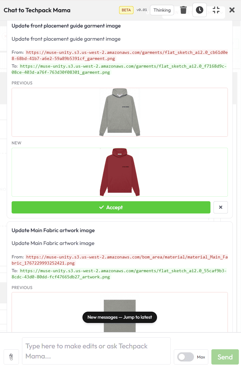 Techpack Mama production interface showing a proposed garment image change with previous, new, and accept states